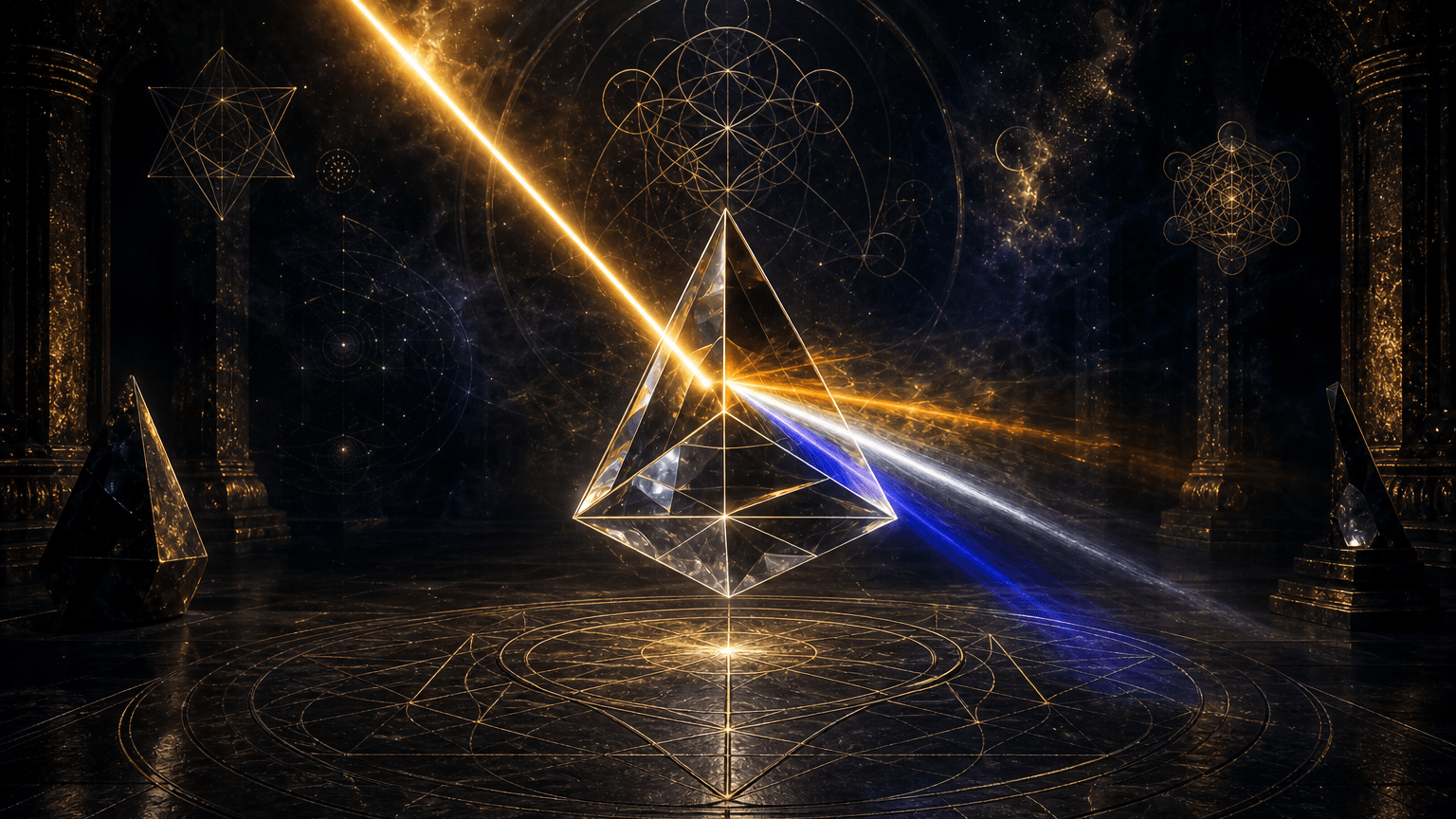 Crystal prism refracting golden and indigo light inside a dark sacred geometry chamber