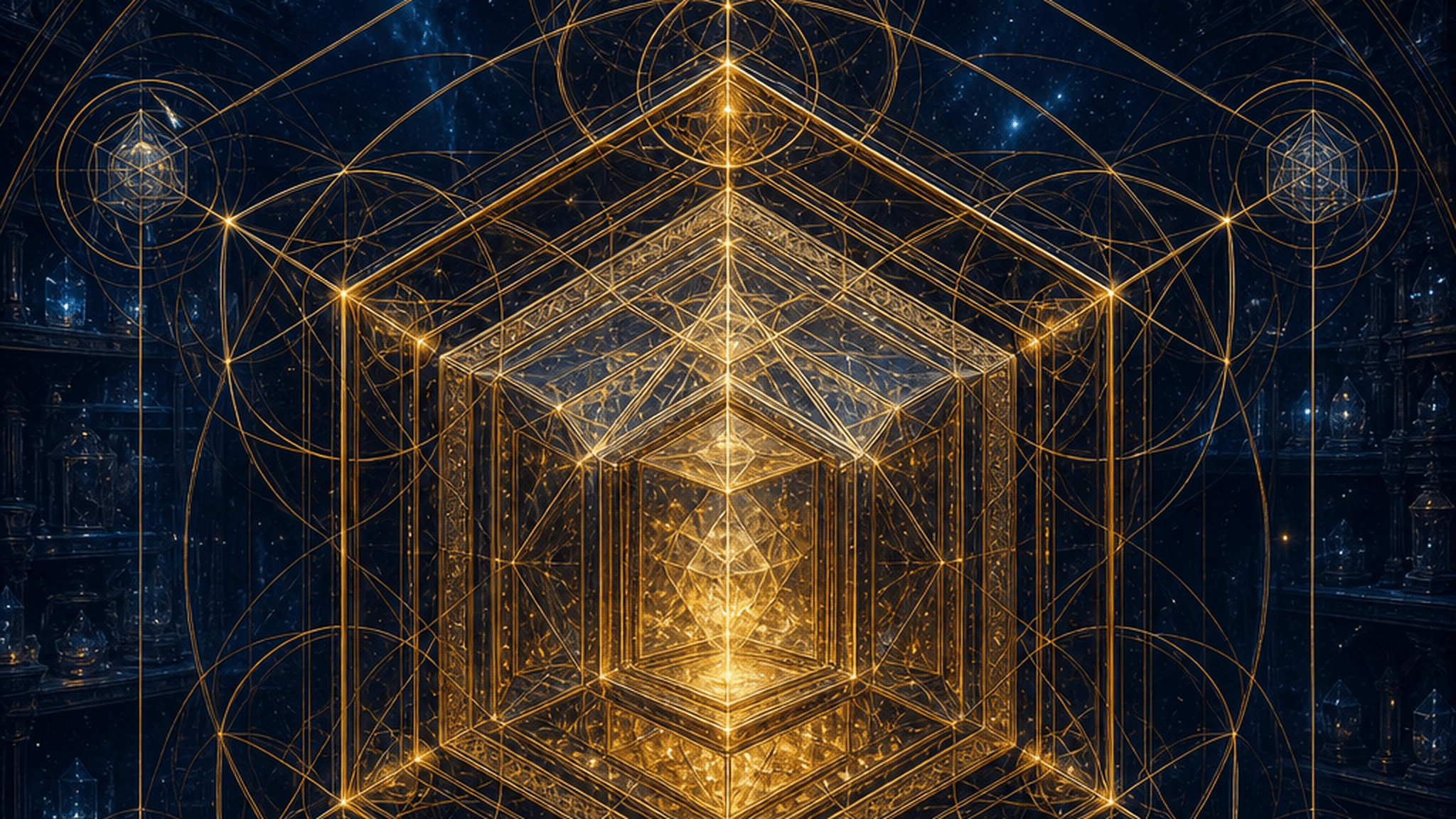 Gold sacred geometry reliquary chamber holding protected memory in a dark cosmic field