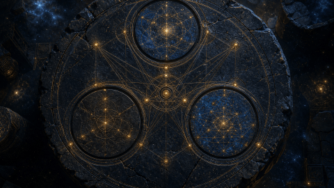 Dark stone translation tablet with gold sacred geometry and three symbolic witness fields