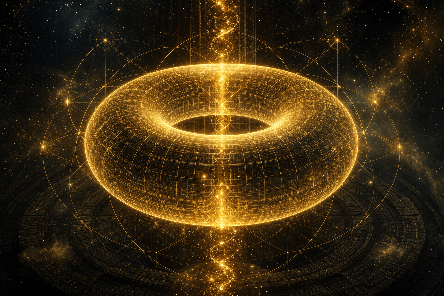 A luminous golden toroidal energy field surrounded by sacred geometry in deep cosmic space