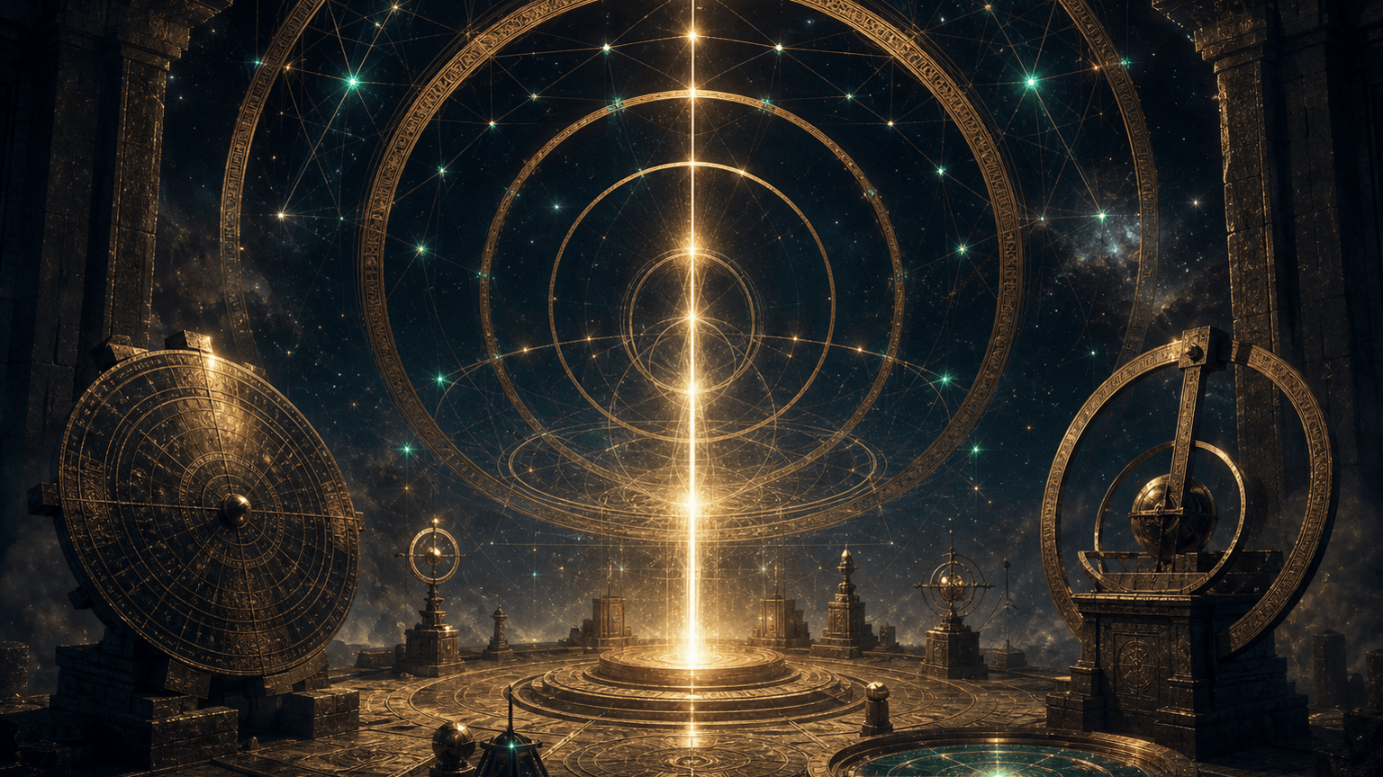 Dark cosmic calibration chamber with golden sacred geometry and ancient measuring instruments