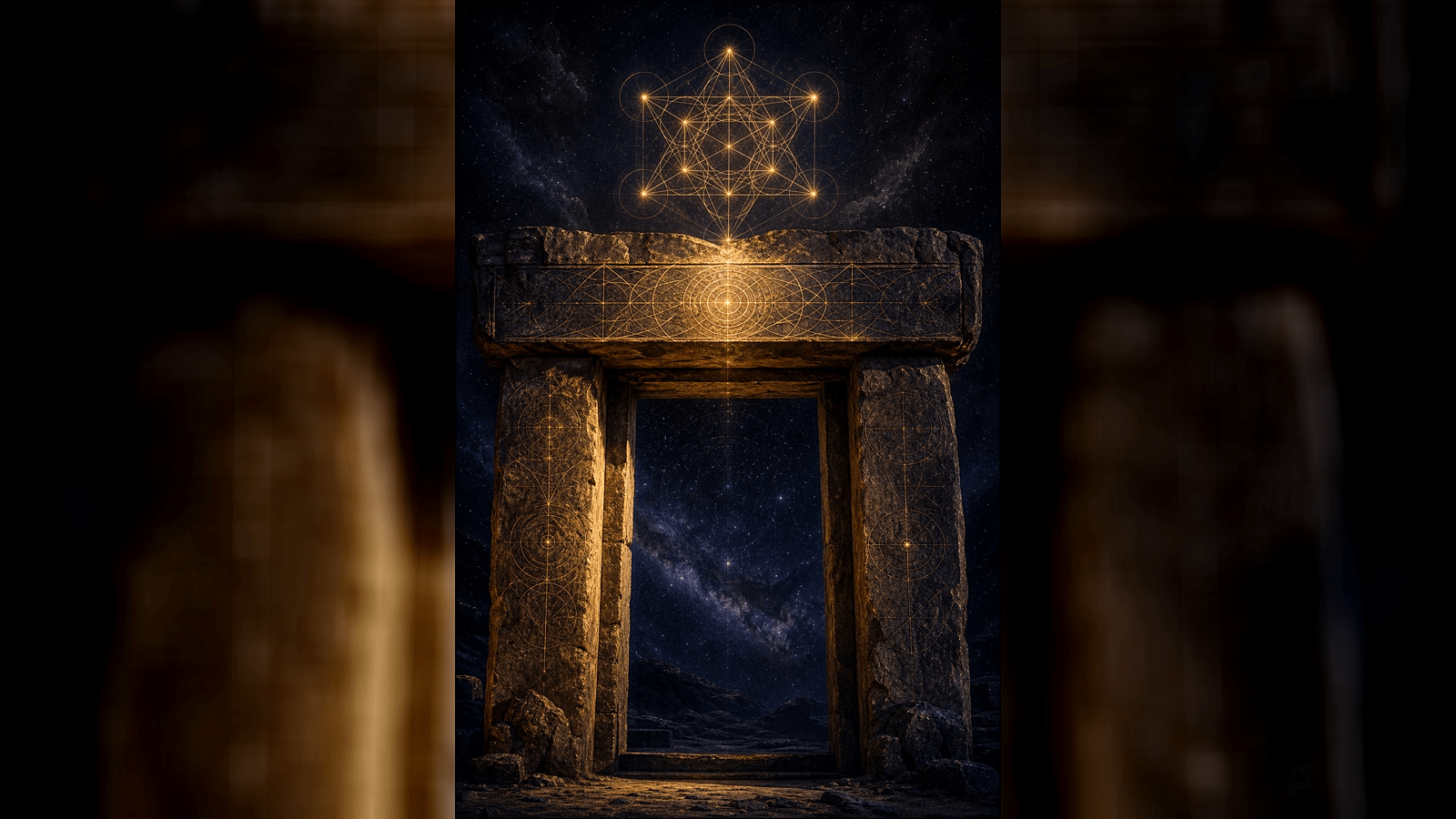 Dark cosmic stone lintel above a temple doorway with golden sacred geometry