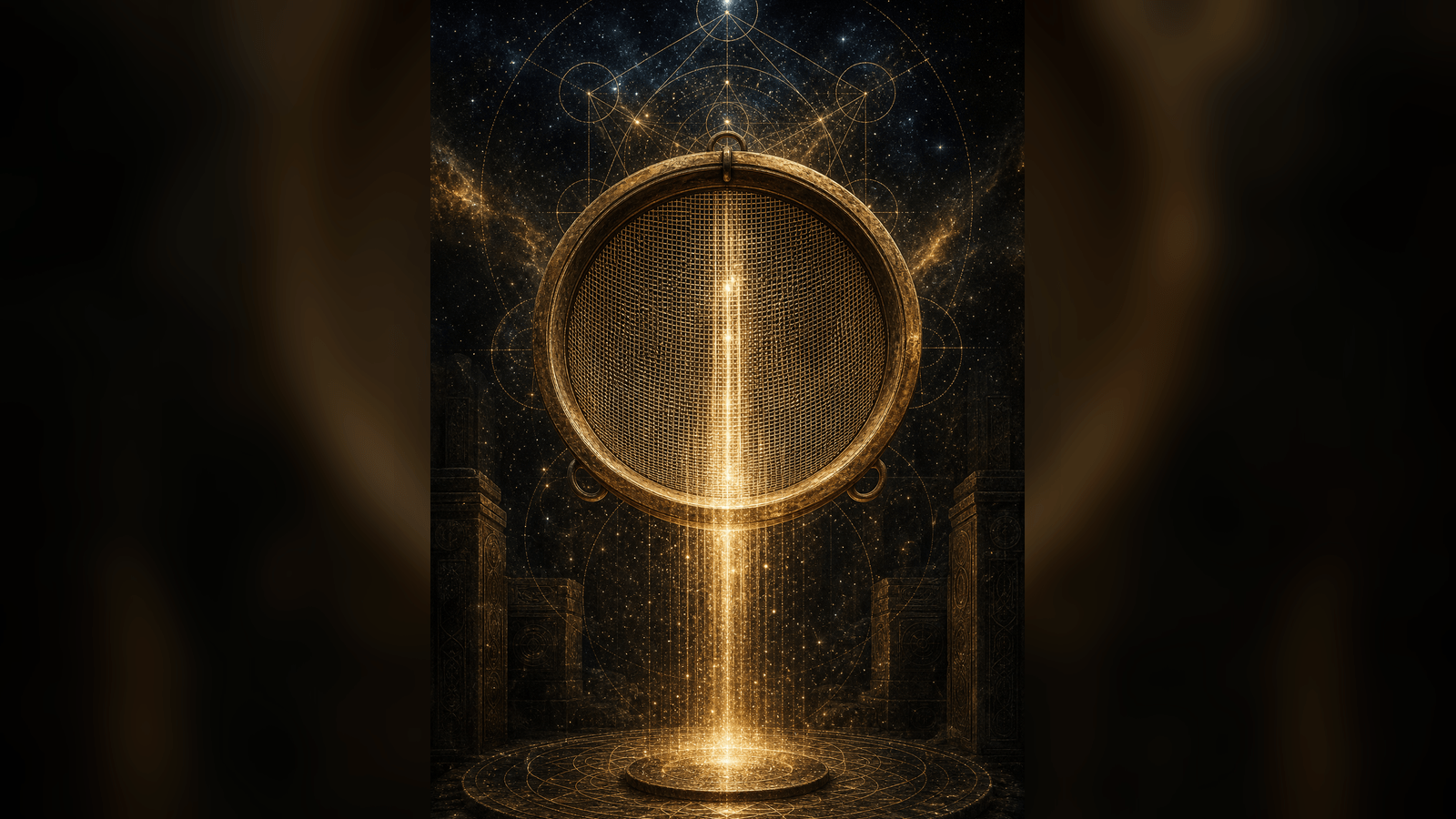 Golden cosmic sieve filtering light through sacred geometry against a dark star field