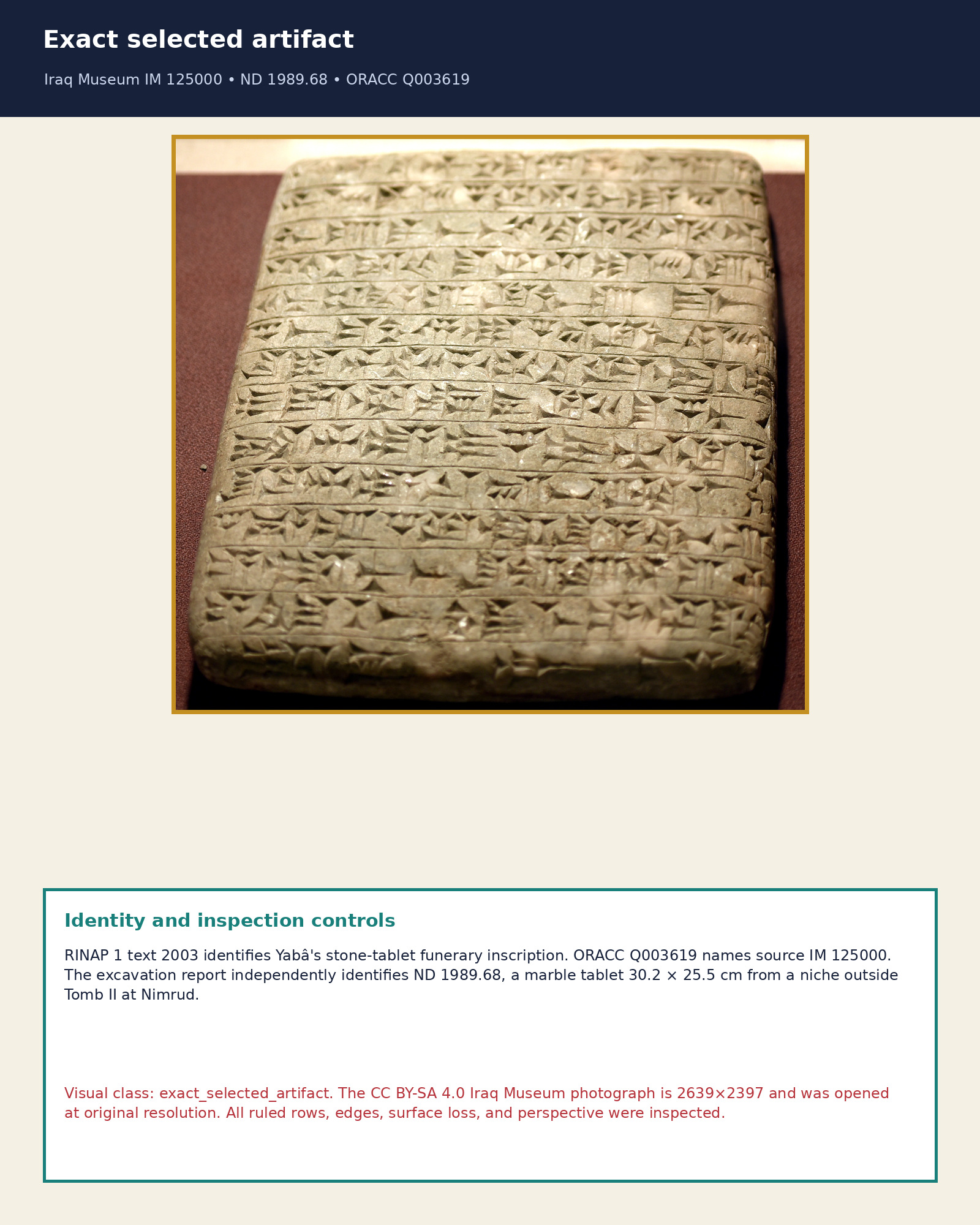 Exact Queen Yaba funerary stone tablet identity and inspection panel