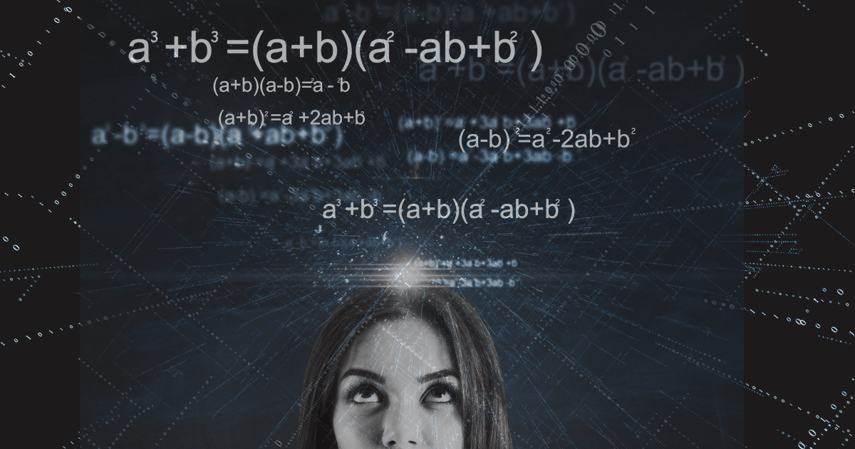 A woman is thinking about social media algorithms with equations floating above her head and binary code in the background.