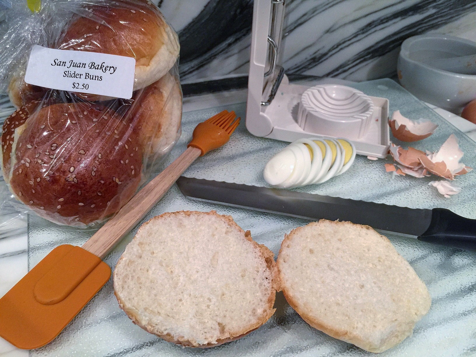 Slider buns & hard-boiled eggs prep