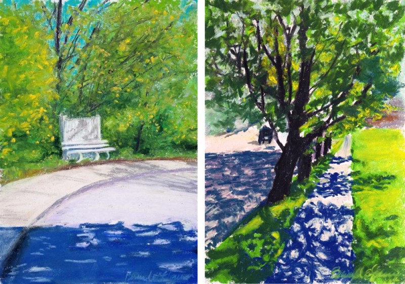 “The Bench in Spring” and “Spring Sidewalk”, pastel on multi-media paper, 7″ x 10″, 2014 © Bernadette E. Kazmarski.