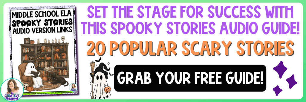 Free spooky stories audio guide for middle school ELA with 20 popular scary short stories