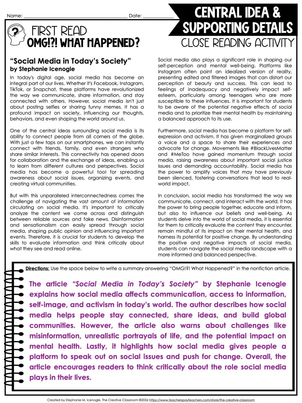 First read close reading activity with a nonfiction article and summary response for middle school students