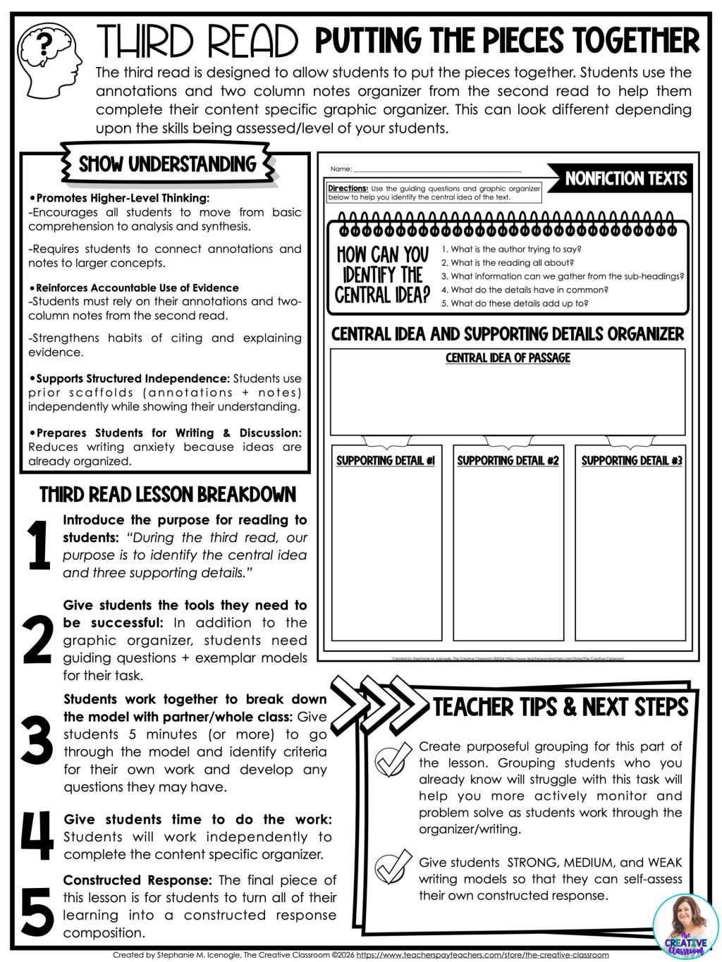 Third read lesson steps and teacher tips for putting the pieces together in nonfiction close reading