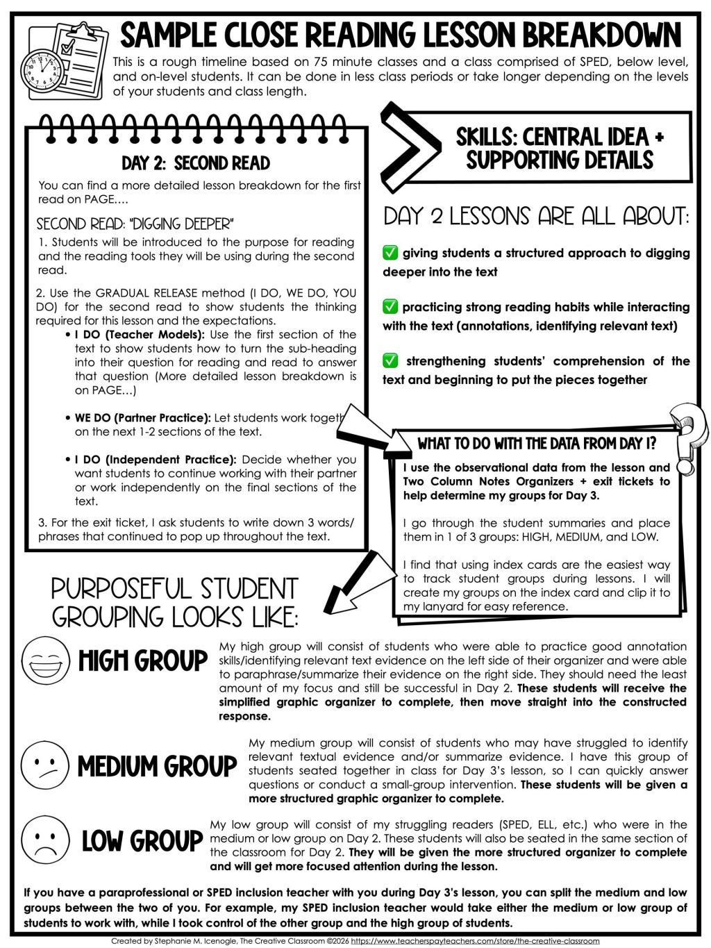 Sample close reading lesson plan for the second read with high, medium, and low student groupings