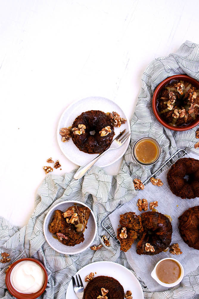 Sticky Date Pudding mini bundt cakes with toffee sauce, toasted walnuts and cream