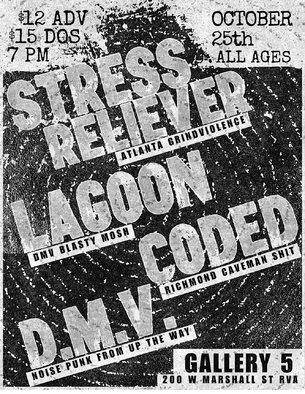 Poster advertising a multi-band live music show with bold, diagonal text over a distressed background; lists venue and date (Gallery 5, Richmond) and age info (All Ages).