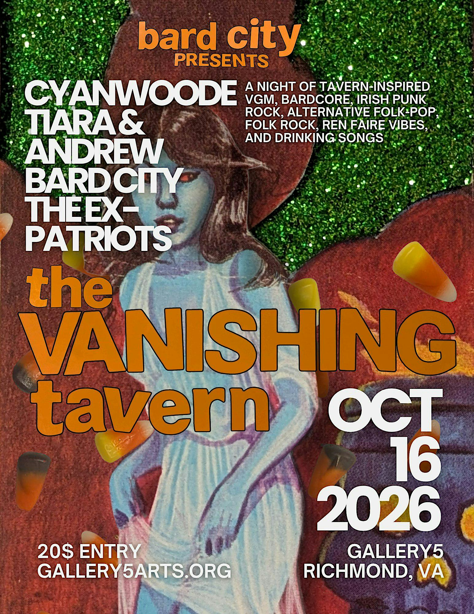 Colorful event poster advertising a tavern-inspired night on Oct 16, 2026, with bold white and orange text listing performers and venue in Richmond, VA; $20 entry.