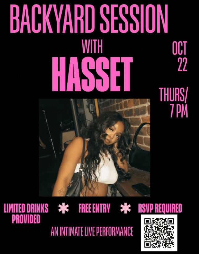 Poster for 'Backyard Session with Hasset' featuring a smiling woman in a white top against a brick wall; date Oct 22, Thurs 7 PM; free entry, RSVP required; includes QR code.