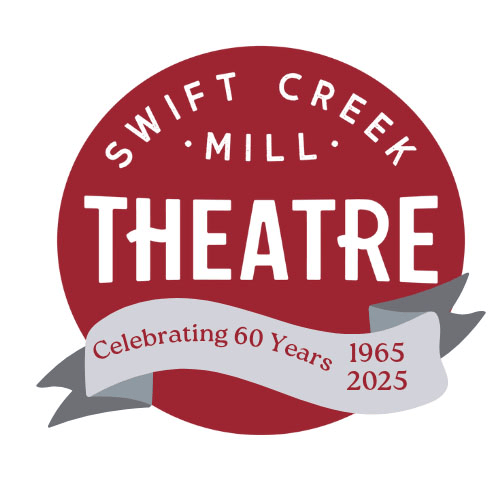 Swift Creek Mill Theatre logo: a red circular emblem with the word THEATRE, and a gray ribbon reading 'Celebrating 60 Years 1965–2025'.