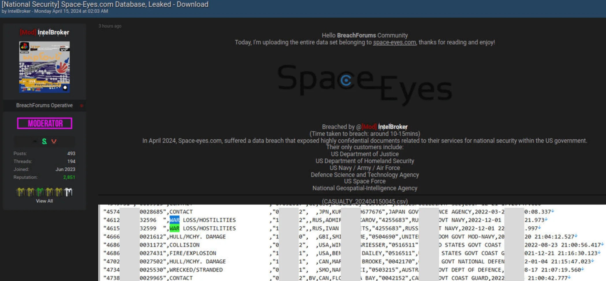 IntelBroker 声称 Channel Logistics LLC 数据泄露：Space-Eyes 部门据称受到影响