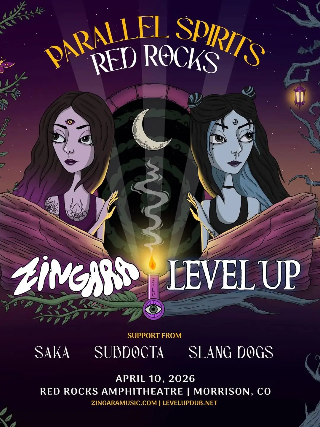 LEVEL UP and Zingara bring their Parallel Spirits tour to Red Rocks on April 10, 2026, with Saka, SubDocta, Slang Dogs.