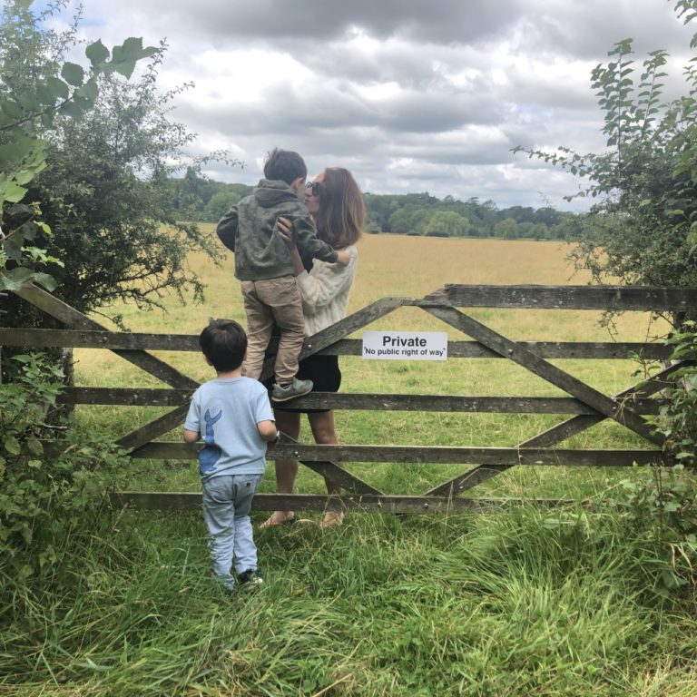 Mother lifting sons over gate