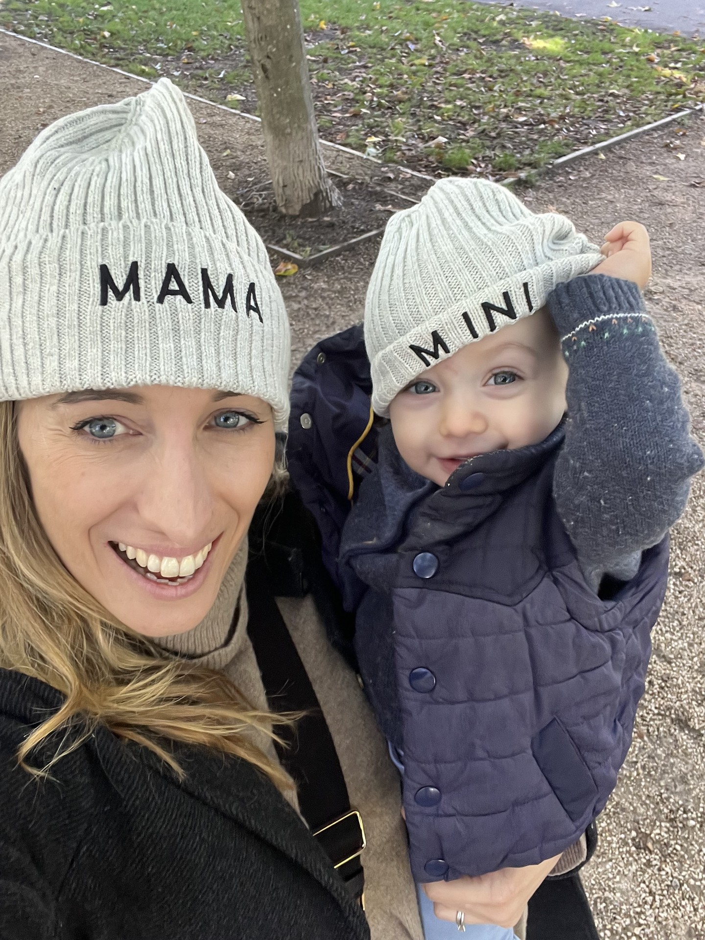 Charlie Avella and her toddler wearing matching mama and me beanies