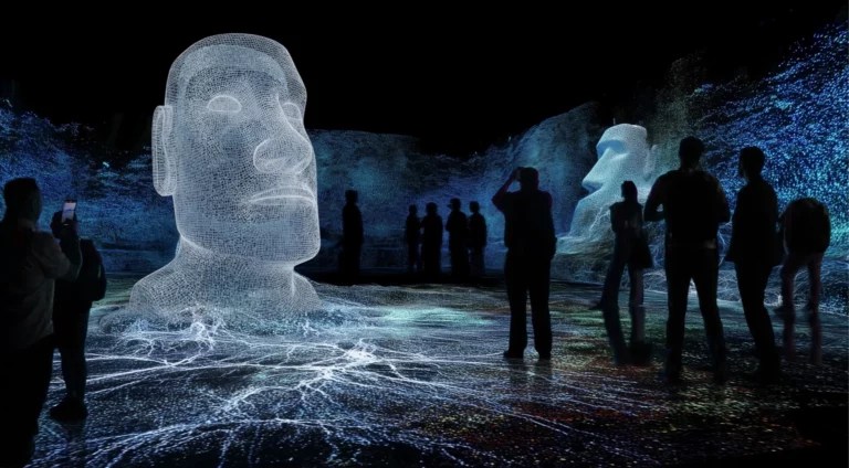 Visitors watching an immersive projection inside the Timewalk exhibition, one of the best things to do in London with kids in July