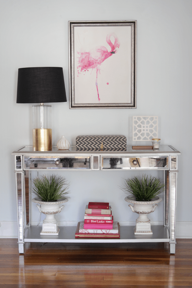 Flamingo art over console table | Decor Fix