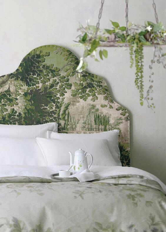 Upholstered headboard in luxurious fabric gives a gorgeous result