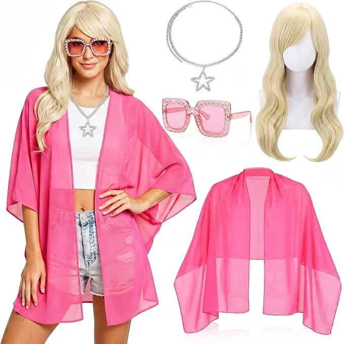 Sharpay Evans-inspired costume set with a bright pink sheer cover-up, blonde wig, rhinestone sunglasses and sparkly star necklace.