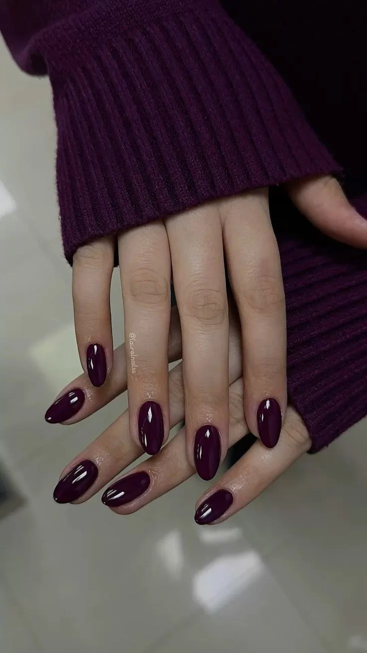 Glossy deep plum almond nails for a moody fall manicure