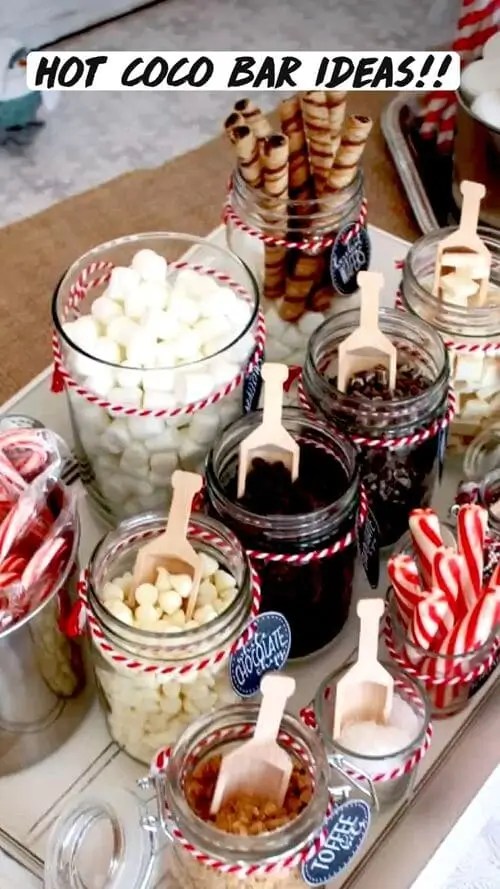 Mason jar hot chocolate bar station for holiday gatherings