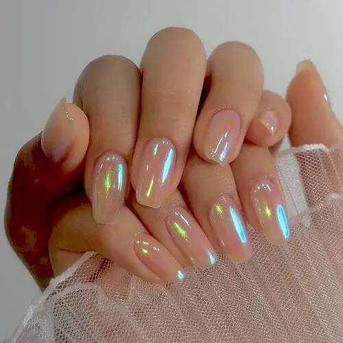 Iridescent sheen nails add a healthy, glowy look for summer