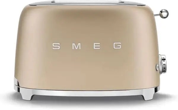 Champagne toaster compliments a natural rattan theme in grey kitchen