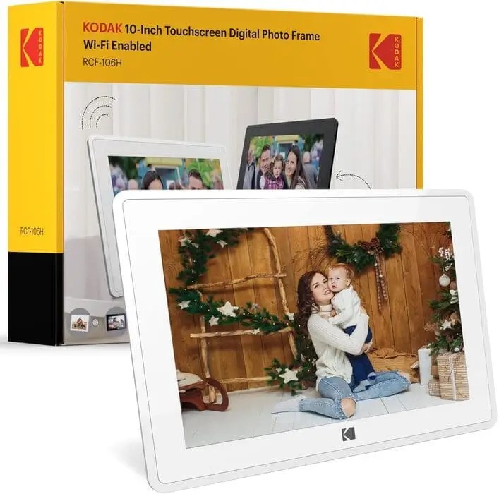 Chic Kodak digital photo frame makes a great gift for mother's day because multiple family members can add photos and videos long-distance