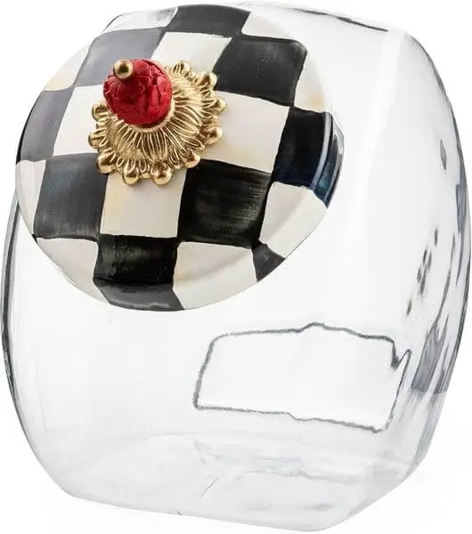 Add counter decor like a chic mackenzie child's cookie jar to add visual interest to a grey kitchen