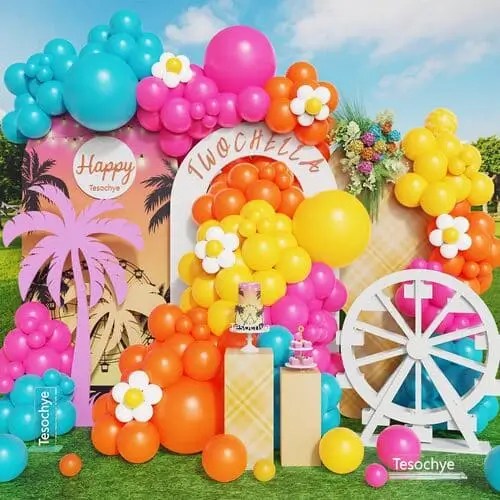 Balloon arch for 19th birthday photo backdrop in Coachella theme