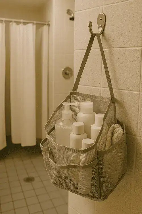 One of the best dorm room hacks is a mesh shower caddy. You can tote personal belongings to the communal shower, or simply use it as storage in your bathroom.