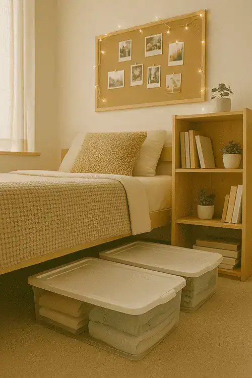 Dorm hack you need to know is using storage bins under the bed for extra storage in a tiny dorm room