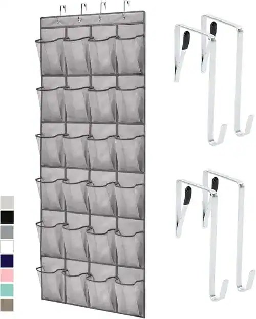 Hanging shoe organizer filled with food, beauty items, and essentials—space-saving dorm room hack for back of closet or entry doors.