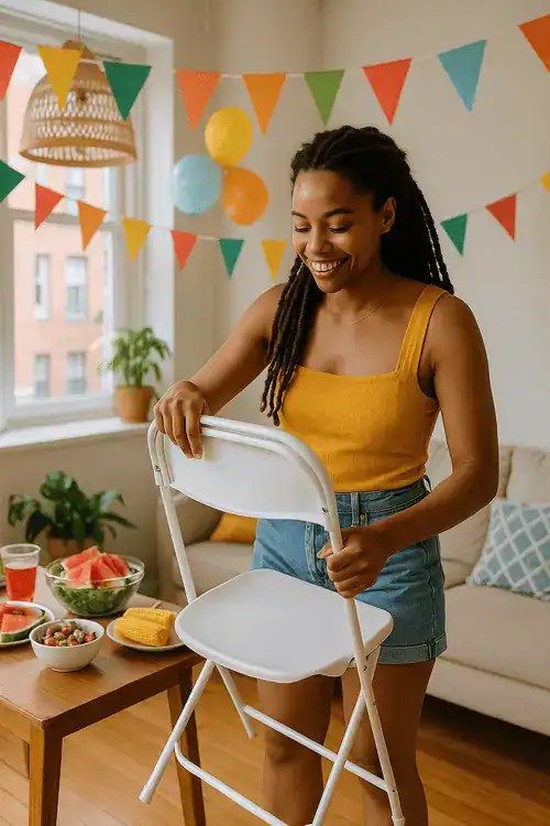 Use foldable furniture like chairs and side tables to throw a summer party effortlessly with easy clean up in a small apartment