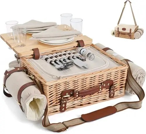 Picnic basket set with plates and forks and cups to bring to sip and paint 19th birthday party
