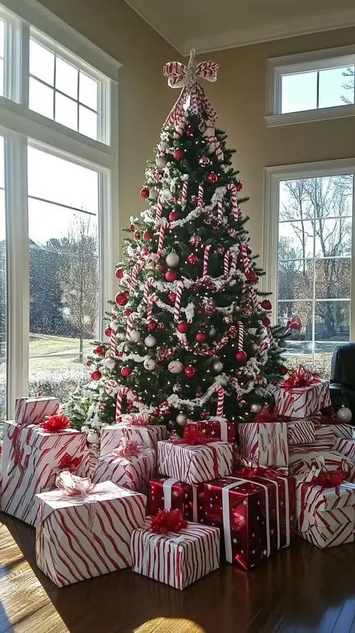 Candy cane Christmas tree decorated with red and white ornaments, striped ribbons, candy cane decorations, and matching wrapped gifts.