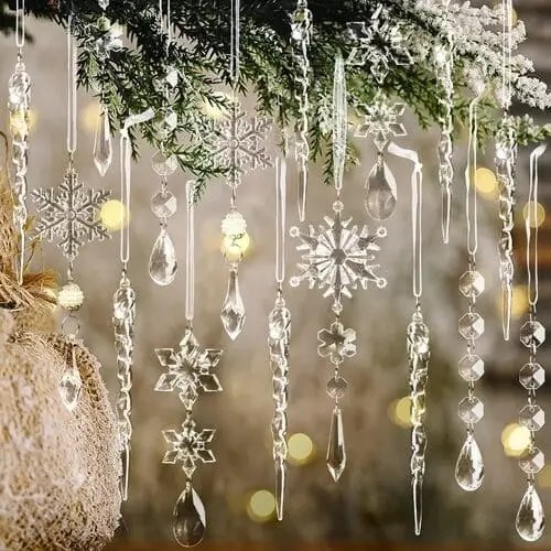 Elegant crystal icicles and snowflakes for spiral lights with birds christmas tree theme