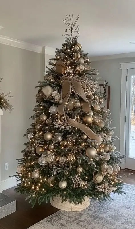 Elegant glam metallic Christmas tree decorated with gold, silver, and champagne ornaments, glittery branches, and icicle decorations - a trending Christmas tree theme for 2025.
