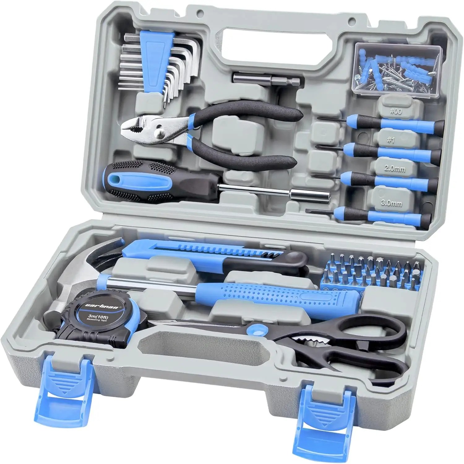 Basic tool kit with hammer, screwdriver, pliers, measuring tape, and small hardware for a first apartment.