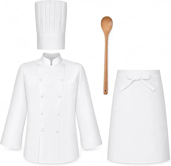 Linguini-inspired Ratatouille chef Halloween costume with a white double-breasted chef jacket, white apron, tall chef hat and wooden spoon.