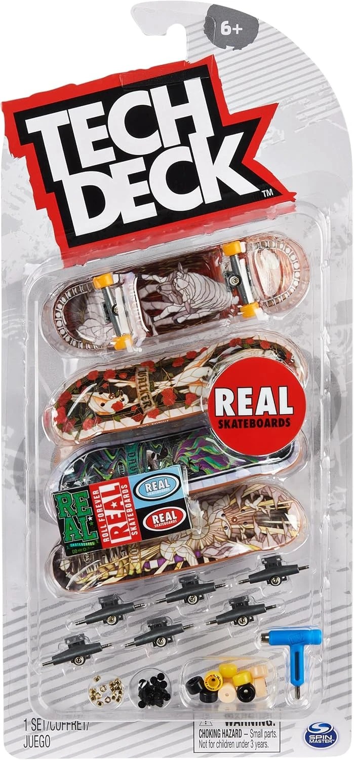 Tech Deck fingerboard skateboard set with mini boards, trucks, wheels and accessories, a fun stocking stuffer idea for teen boys who like skateboarding and collectibles.