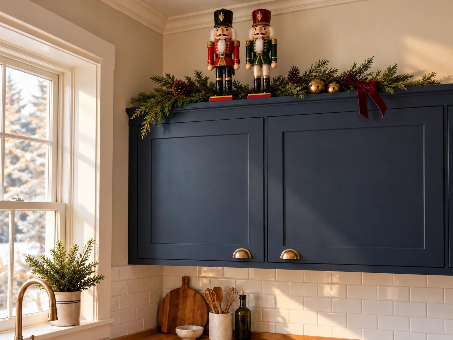 Two large Christmas nutcrackers displayed above navy kitchen cabinets with evergreen greenery, pinecones, brass bells and a burgundy velvet bow.