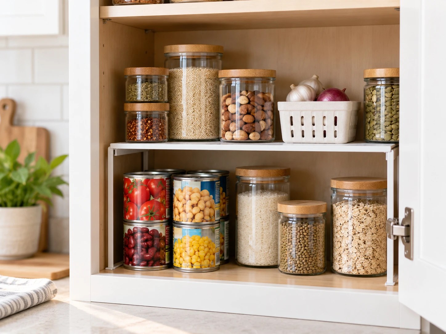 Open kitchen cabinet organized with a white shelf riser that creates a second level for jars, cans, and pantry items, showing how to use vertical space in a small kitchen without a pantry.