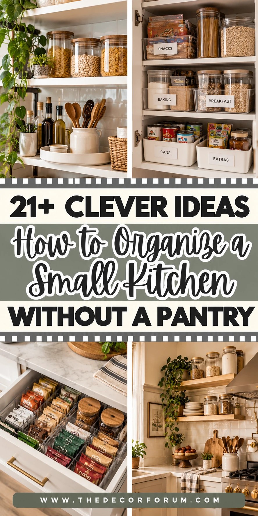 Pinterest pin showing organized small kitchen shelves, labeled pantry bins, snack drawers, jars, and open shelving with text about 21 clever ideas for organizing a small kitchen without a pantry.