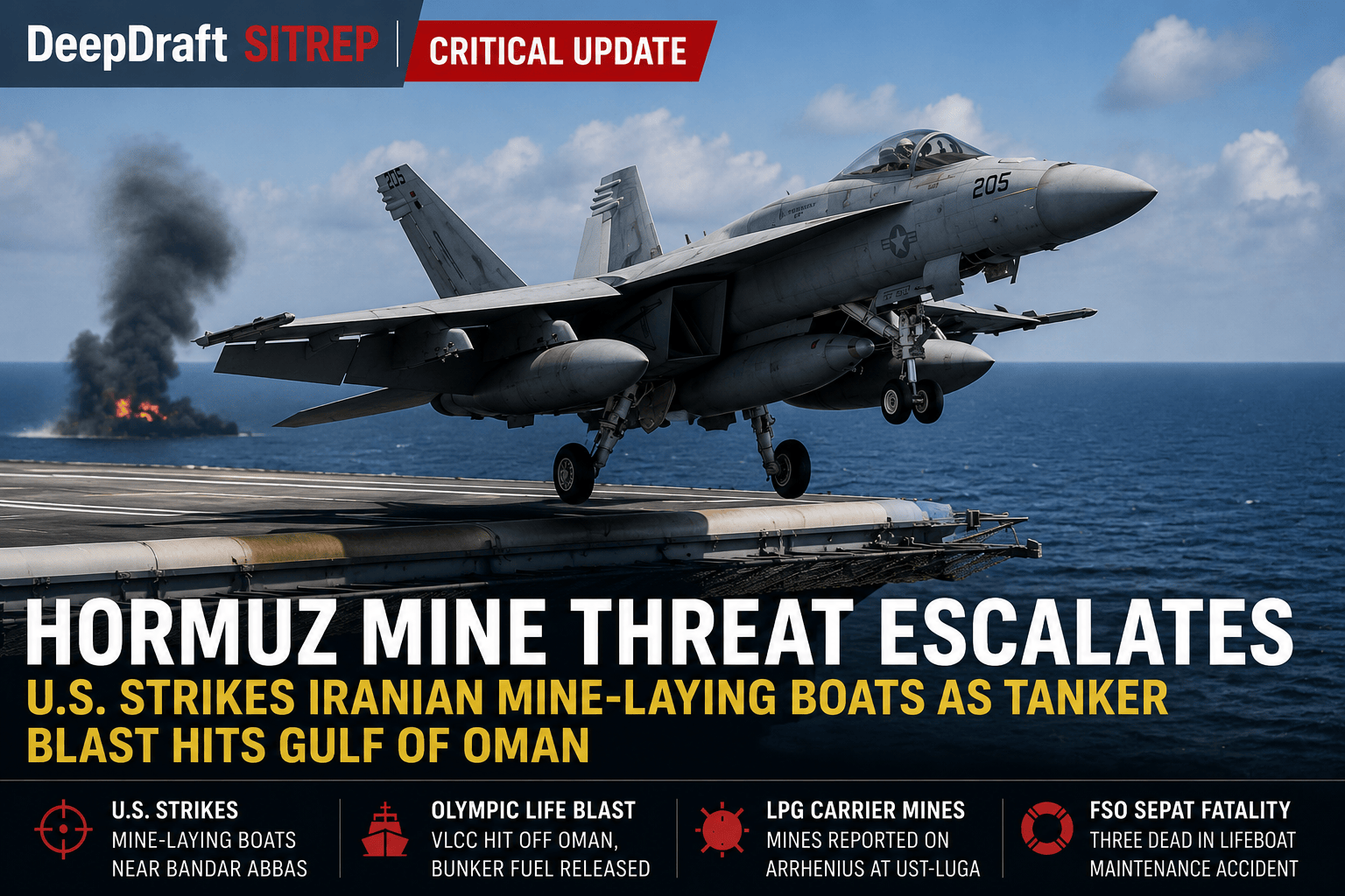 DeepDraft SITREP | U.S. Strikes Mine-Laying Boats Near Hormuz: Olympic Life Blast Adds Live Gulf of Oman Tanker Risk (May 27, 2026)